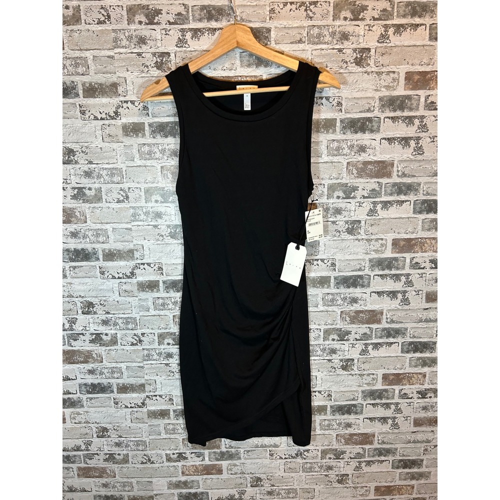Leith Ruched Bodycon Dress Womens Medium Black NEW Asymmetrical Hem Sleeveless
